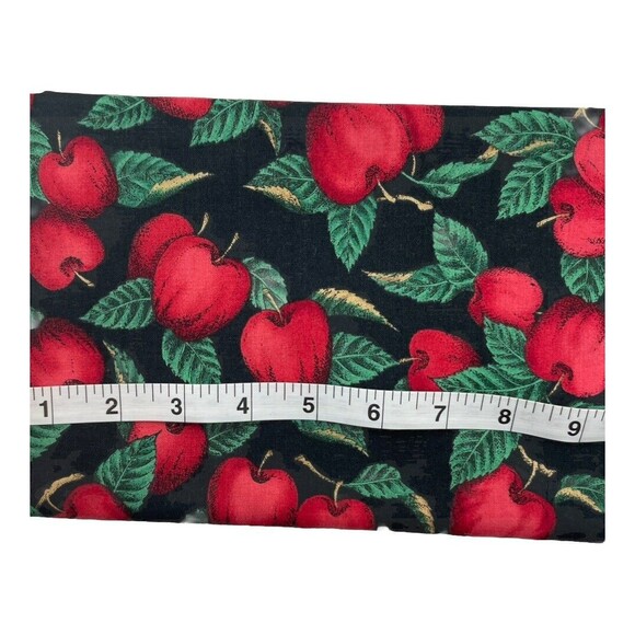 Vintage Red Apple Fabric Leaves Fruit on Black Fall Fabric Cotton Remnant 3/4yd - Picture 1 of 2